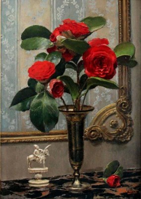 Lot 693 - Fortunino Matania RI (1881-1963) Italian Camellias in a vase  Signed, oil on board, 33cm by...