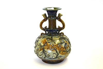 Lot 729 - A Doulton Lambeth Stoneware Twin-Handled Vase, by Mark V Marshall, the handles in the form of...