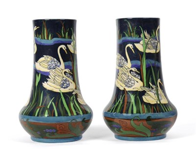 Lot 742 - A Pair of Wileman & Co Foley Intarsio Vases, model No.3159, of bulb design, decorated with swimming