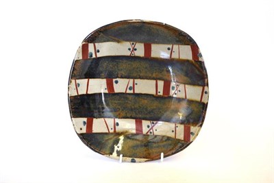 Lot 748 - John Maltby (b.1936): A Stoneware Dish, painted with three lines each with red enamel and blue...