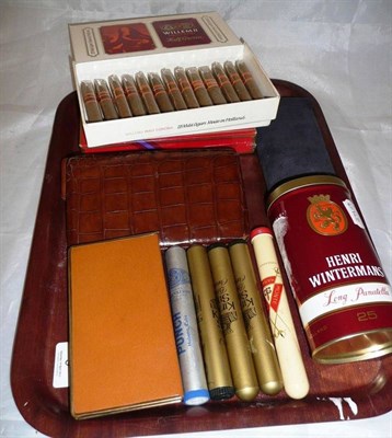 Lot 9 - Two leather cigar pouches, quantity of cigars, etc