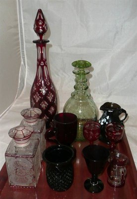 Lot 11 - A Victorian ruby flashed decanter, ruby flashed scent bottles, Whitefriars decanter and an...