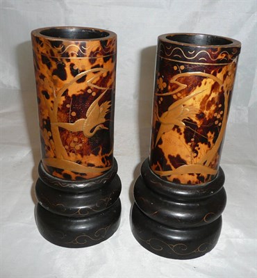 Lot 24 - A pair of Japanese tortoiseshell and lacquer vases