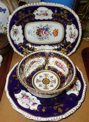 Lot 30 - Two Derby plates, a meat plate and a sugar bowl