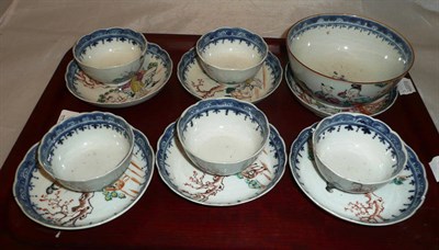 Lot 35 - A set of five Chinese porcelain tea bowls and saucers with polychrome decoration, a saucer and...