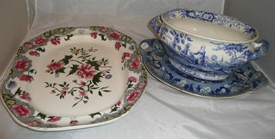 Lot 40 - A polychrome meat plate, a blue and white tureen and a different stand