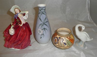 Lot 46 - Royal Doulton china figure, Charlotte Rhead style vase, a Lladro duck and a Copenhagen vase