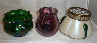 Lot 47 - An Art Nouveau glass vase (possibly Loetz), a rose bowl and a striated glass vase