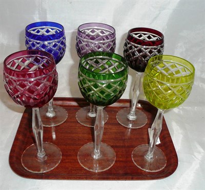 Lot 48 - Six coloured Bohemian hock glasses