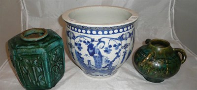 Lot 50 - A Chinese blue and white jardiniere decorated with scholars (signature to base) and two green...