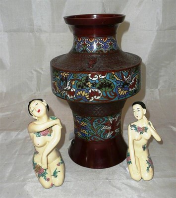 Lot 54 - A cloisonne vase and a pair of nude figures
