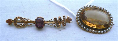Lot 70 - A citrine and seed pearl cluster brooch and a bar brooch with seed pearl initials 'CW' (a.f.)