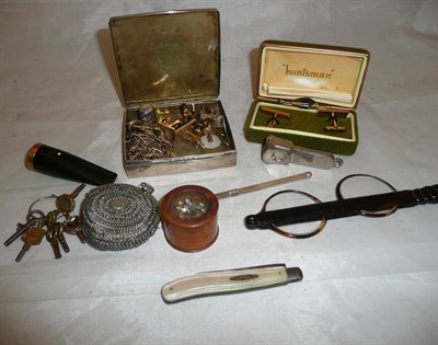 Lot 73 - A Ronson pen lighter, a fruit knife, a Dunhill cigar holder with 9ct gold rim, silver trinket...