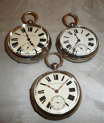 Lot 84 - Three silver open faced pocket watches, two cases stamped with Chester hallmarks and one with...