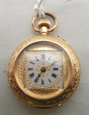 Lot 102 - A lady's Swiss fob watch with enamelled decoration to the reverse (a.f.) stamped '14K'