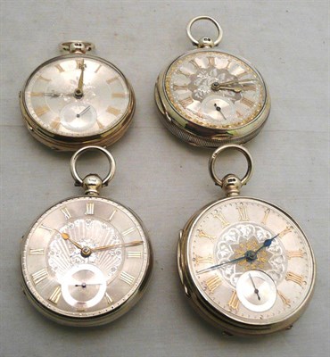 Lot 111 - Four silver open faced pocket watches with silvered dials