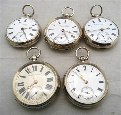 Lot 114 - Four silver open faced pocket watches and another pocket watch with case stamped 0.935 (5)
