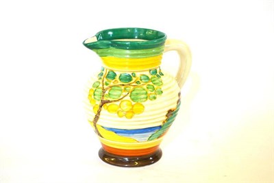 Lot 763 - A Clarice Cliff Fantasque Bizarre Secrets Pattern Ribbed Jug, painted in colours with a...