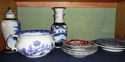 Lot 152 - A Chinese crackle glaze vase and cover, another, a crackle glaze dish, five Japanese Imari...