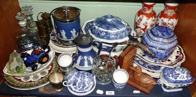 Lot 155 - Shelf of ceramics including Wedgwood Jasperware biscuit barrel with plated mounts, Ringtons tea...