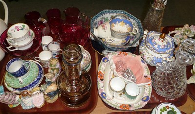 Lot 177 - Decorative ceramics and glass including two cranberry glass jugs, a pedestal dish and four...