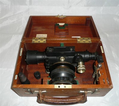 Lot 183 - A black enamelled surveyors level by Hall Bros, Croydon with accessories in a mahogany case