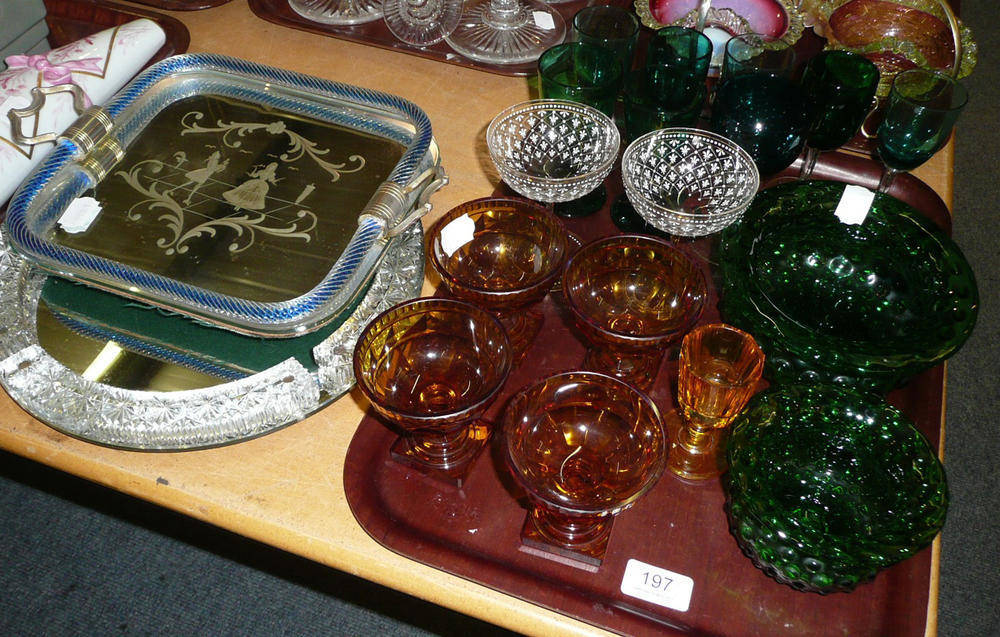 Lot 197 - A tray of Victorian coloured glass including green wines, two glass mirrored trays, etc