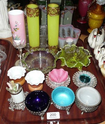 Lot 200 - A tray of Victorian coloured glass including salts, bud vases, etc