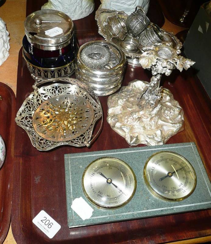 Lot 206 - A tray including a pair of Indian white metal salts, silver napkin ring, Continental white...