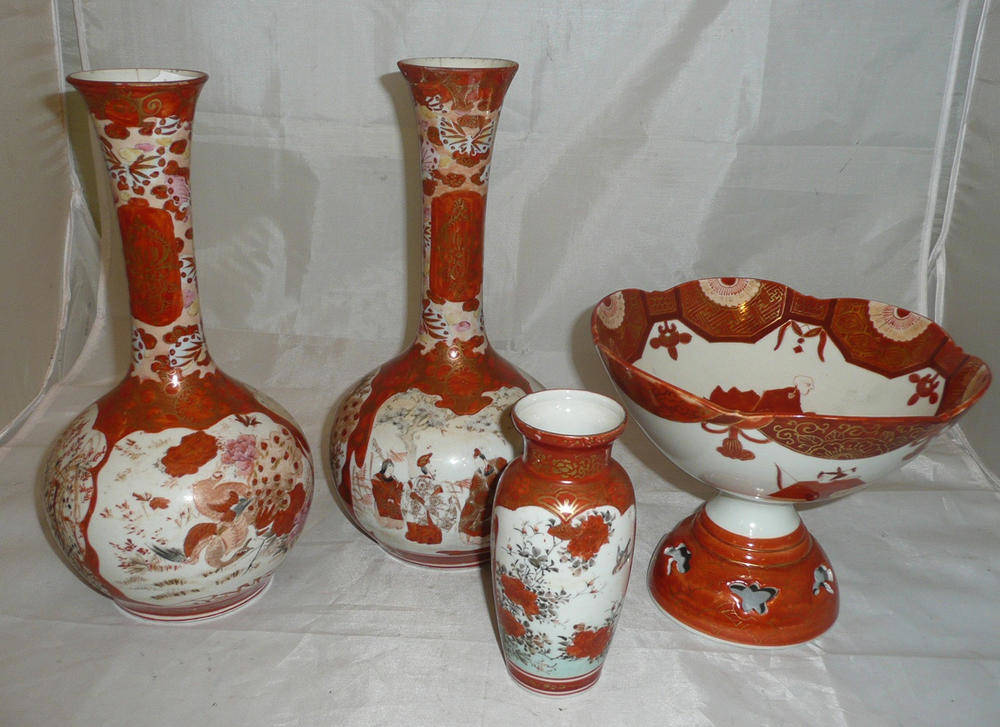 Lot 213 - Pair of Kutani vases, a Kutani bowl and a smaller vase