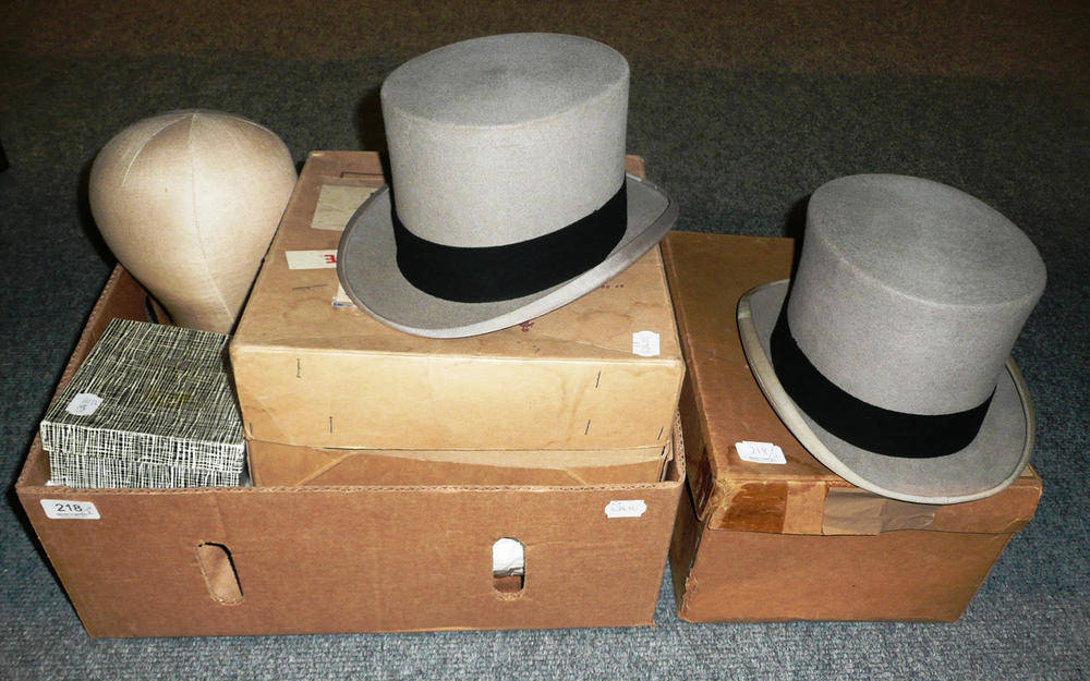 Lot 218 - Two grey toppers in boxes, hat block, shirts, collars, etc