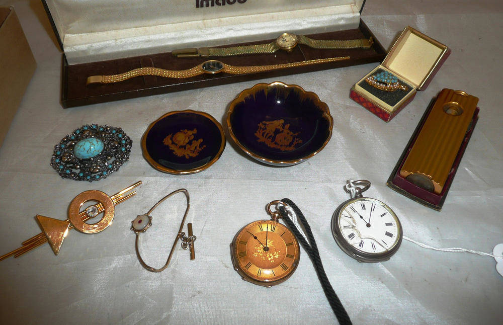 Lot 221 - A 15ct gold fob watch, a silver fob watch, a Benlow motorist's pipe lighter (boxed) and a small...
