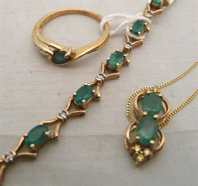 Lot 230 - A 9ct gold, emerald and diamond bracelet, a 9ct gold emerald and diamond ring and a 9ct gold...
