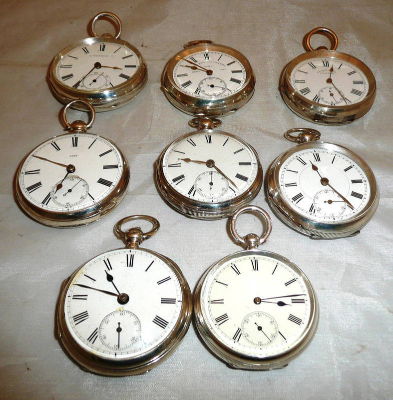 Lot 238 - Five silver open faced pocket watches and three other open faced pocket watches with cases...