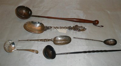 Lot 270 - A silver sifter spoon, two punch ladles and three silver spoons
