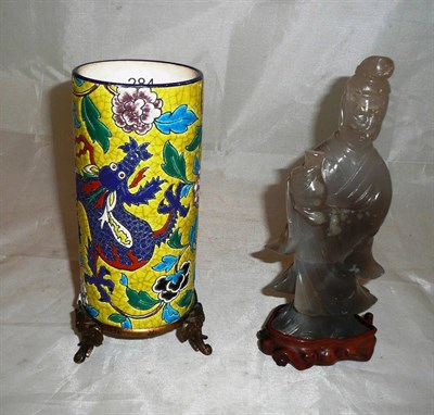 Lot 284 - A Chinese hardstone figurine on wood stand and Longwy vase and stand