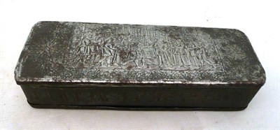 Lot 295 - A late 18th/early 19th century steel tobacco box decorated with figures, inscribed 'ver laat de...