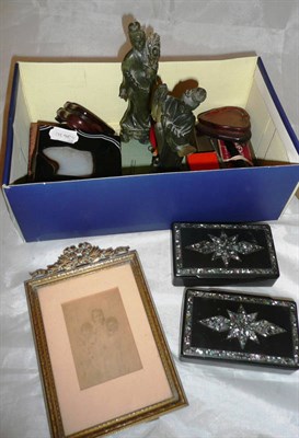 Lot 303 - Metal easel photograph frame, pair of Victorian papier mache boxes, agate box, two soapstone...