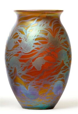 Lot 781 - A Loetz Glass Vase, iridescent blue lily pattern on a yellow ground, signed Loetz Austria, 17cm