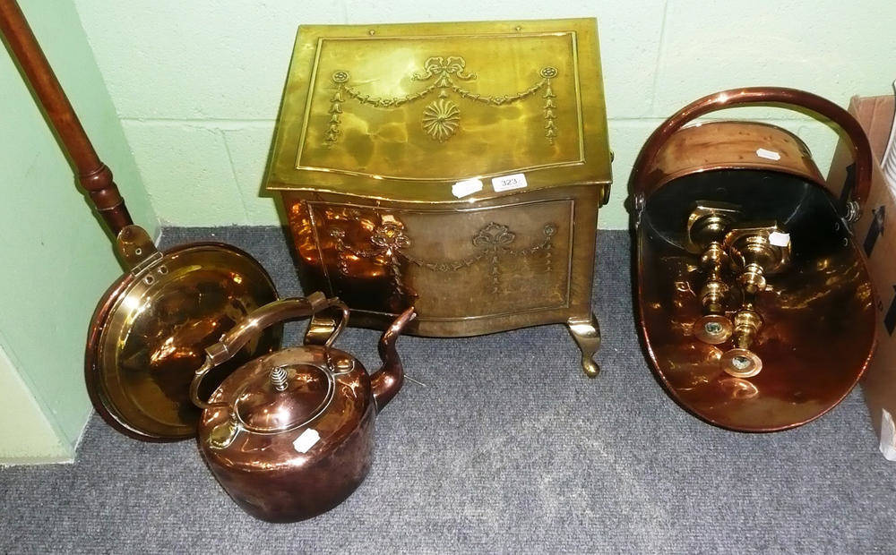 Lot 323 - Pair of brass candlesticks, copper kettle, brass coal box, bed warmer and a coal helmet