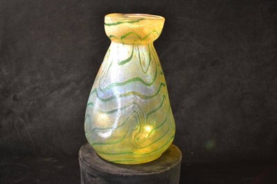 Lot 782 - A Loetz Glass Vase, with green trailed decoration, on a yellow iridescent ground, unmarked, 24cm