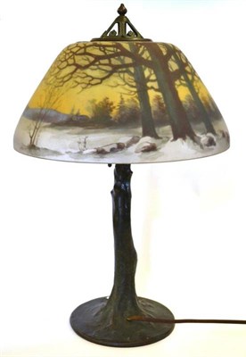 Lot 783 - An Art Nouveau American Handel Boudoir Lamp, obverse painted snow landscape glass shade, on a...