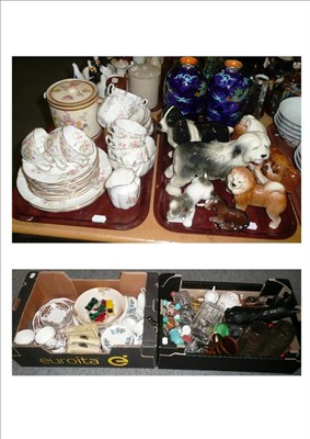 Lot 335 - Quantity of assorted china, dogs, figures, silver-topped vase, teawares, flatware, etc in two boxes