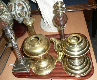 Lot 350 - Silver plated column table lamp and four brass oil lamp bases (5)