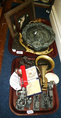 Lot 357 - Two trays of metal mining figures, mortar, door knocker, lamop, copper engraved plate, silver...