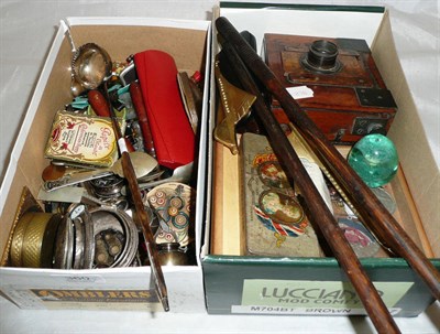 Lot 360 - Two boxes of mixed collectables, including a snuff shoe, whale bone handled ladle etc