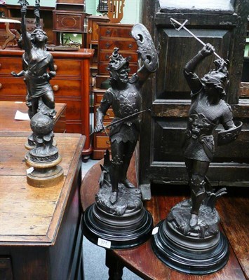 Lot 371 - Pair of spelter figures of warriors, 19th/early 20th century and a pair of smaller spelter figures