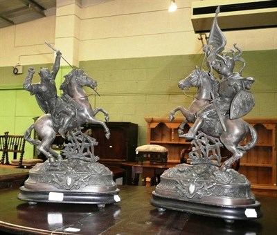 Lot 376 - Pair of spelter figures of warriors on horse back, 19th/early 20th century