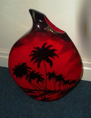 Lot 388 - Peggy Davies, hand painted vase in ruby fusion 'Palm Trees'