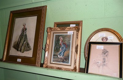 Lot 412 - A watercolour of a lady in an oval frame, a sketch of a bonneted lady from Mary Dockwrays...